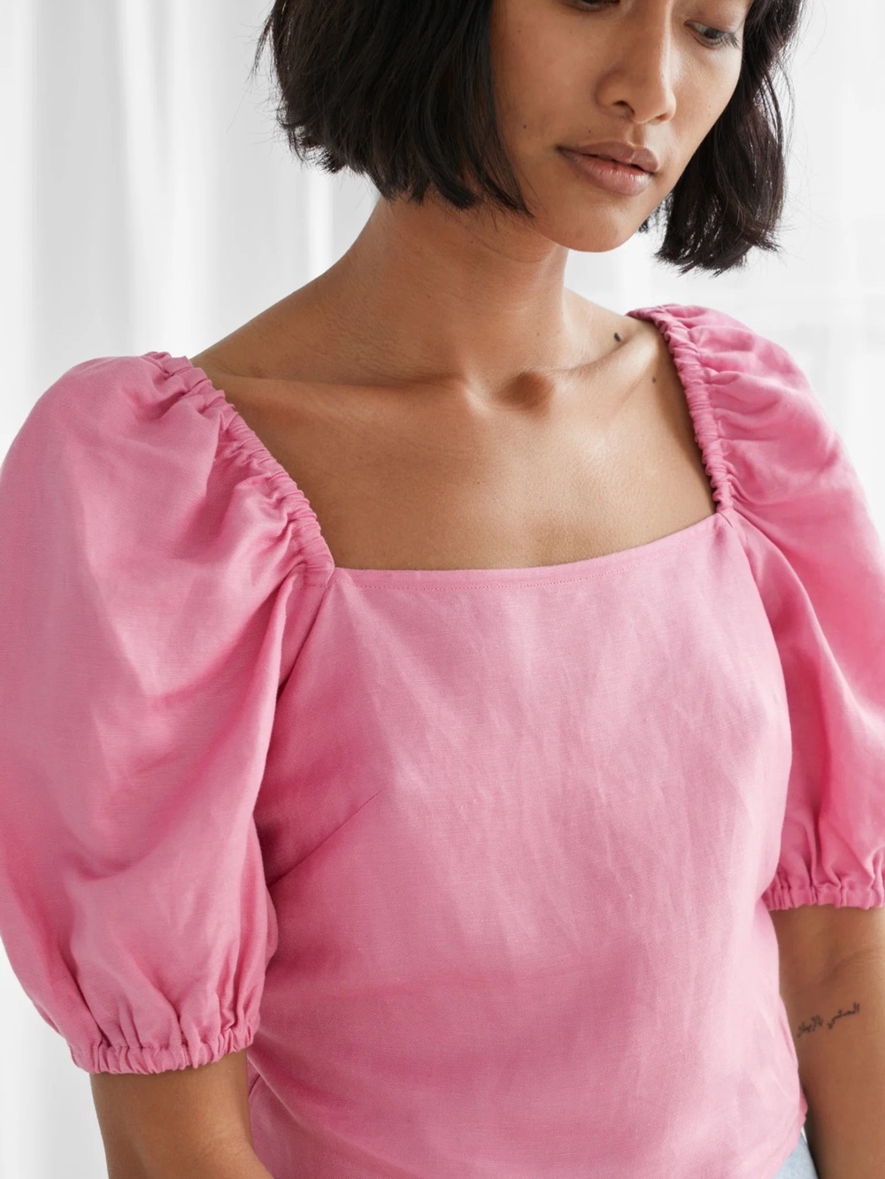 & Other Stories Linen Blend Puff Sleeve Top Pink Square Neck Size 2